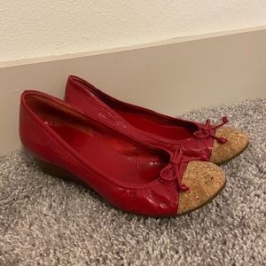 Cole Haan Red Patent Cork Toe Wedge with Bow